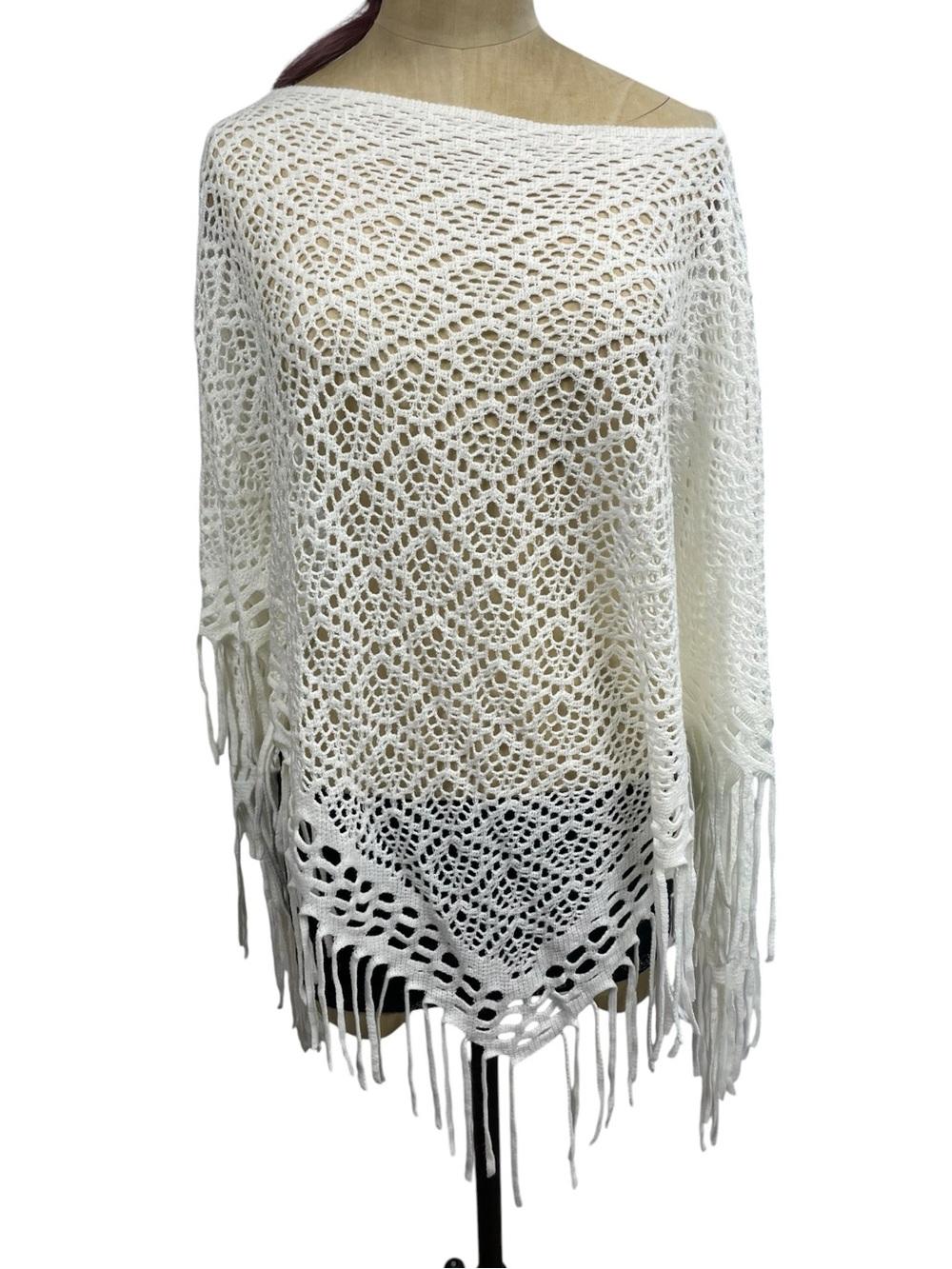 White Open Knit Poncho Crochet Boho Cape Fringe One Size Soft Cottage Whimsy